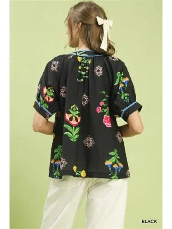 Umgee Botanical Print Contrast Trim Button Blouse - Picture 3 of 5